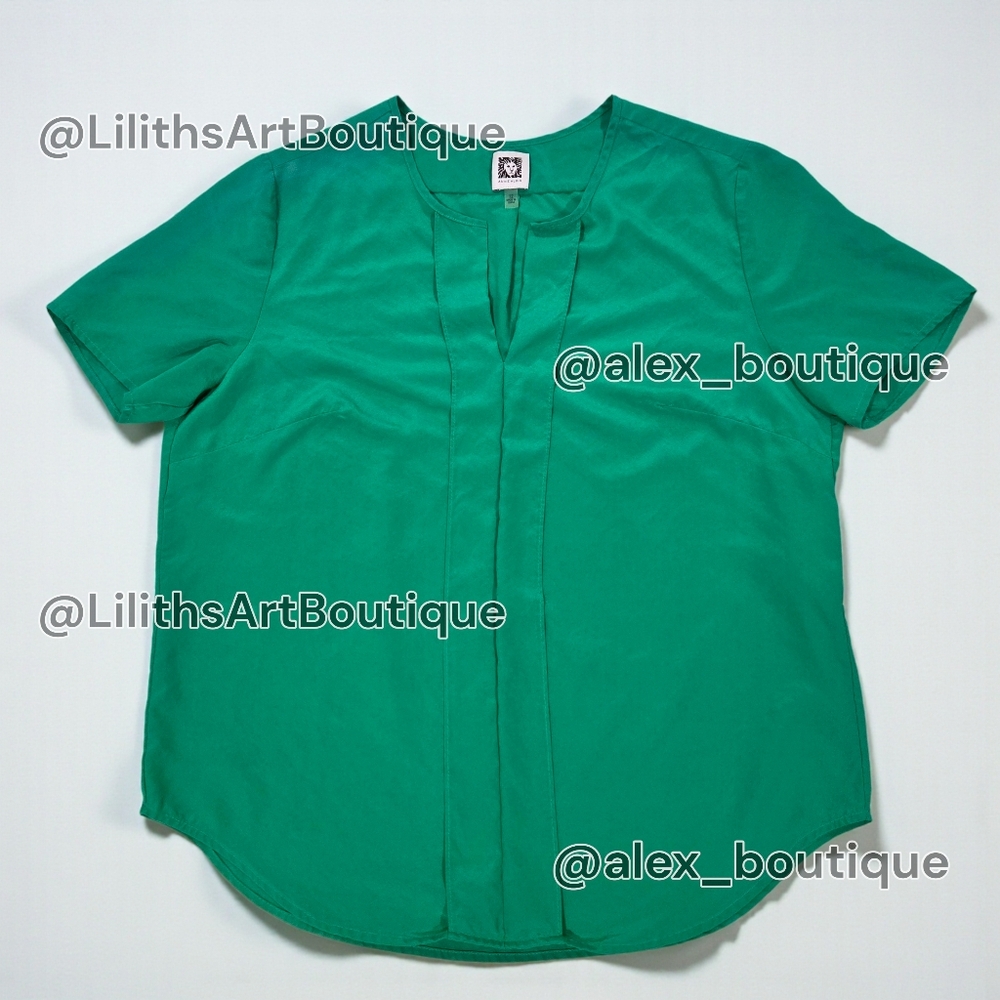 Anne Klein Silk Blouse Emerald Green Split Neck Size 12 (L001) - Picture 4 of 8